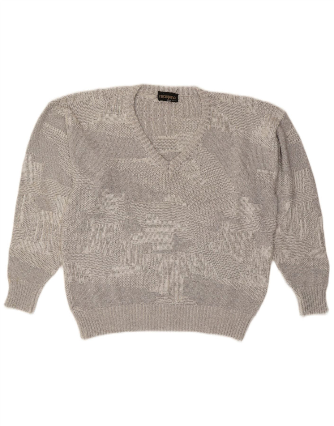 MORGANO Mens V-Neck Jumper Sweater Large Grey Geometric Cotton