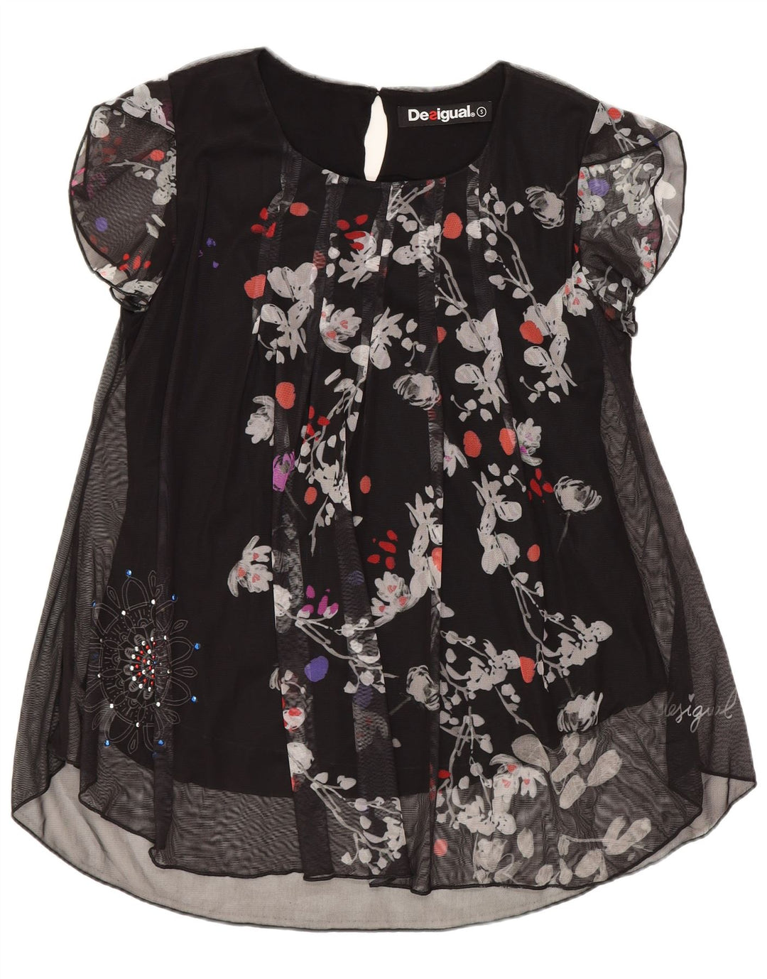 Desigual Γυναικεία Longline Μπλούζα Top UK 10 Small Black Floral Polyester