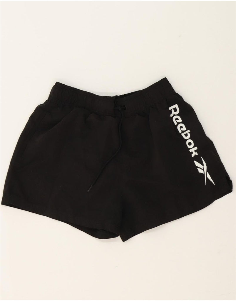 REEBOK Womens Graphic Sport Shorts UK 12 Medium  Black Polyester Vintage Reebok and Second-Hand Reebok from Messina Hembry 