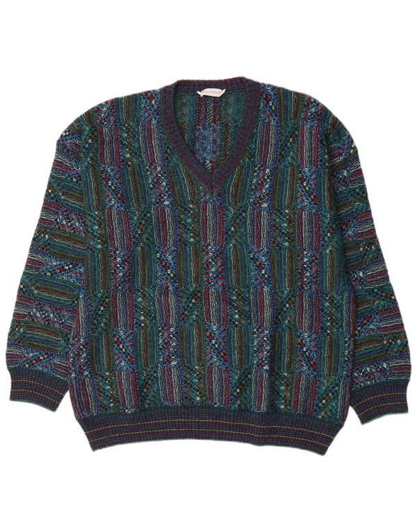 Vintage Mens V-Neck Jumper Sweater Large Multicoloured Geometric