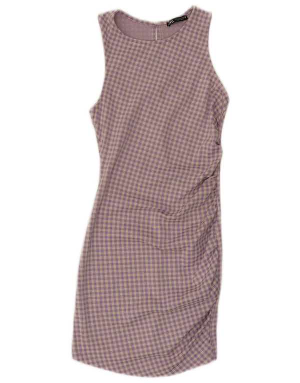 Zara Γυναικείο Αμάνικο Bodycon Φόρεμα UK 8 Small Purple Check Cotton