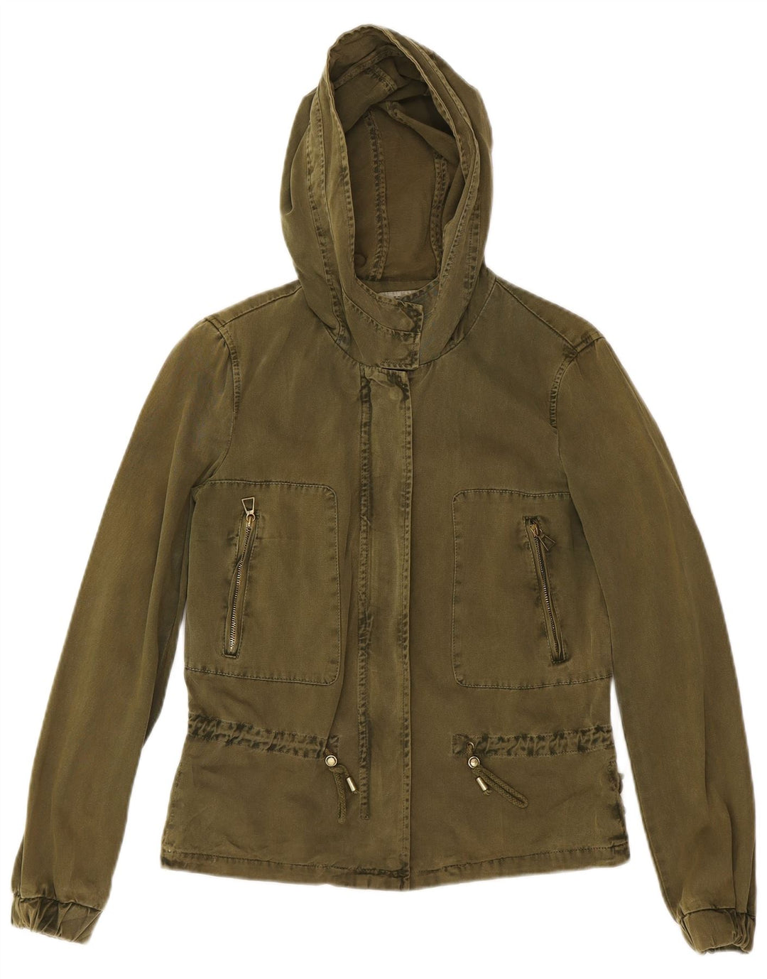ZARA Womens Hooded Utility Jacket UK 10 Small Khaki Cotton