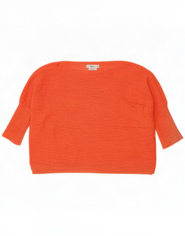 Zara Womens Crop 3/4 Sleeve Boat Neck Jumper πουλόβερ UK 10 Small Orange