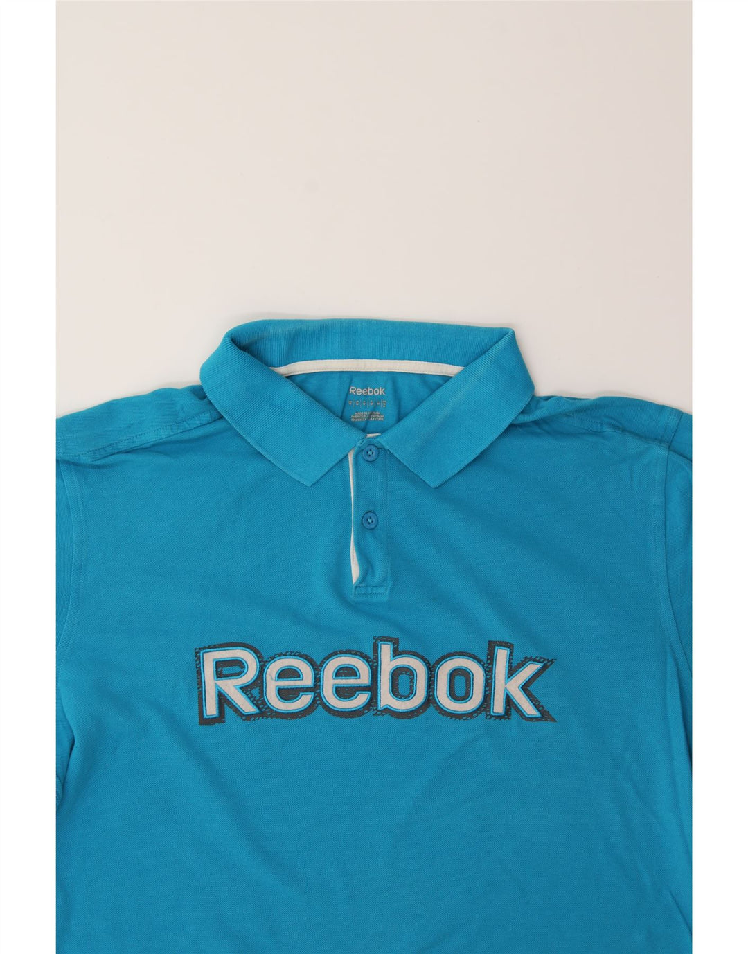 REEBOK Mens Graphic Polo Shirt Medium Blue Cotton Vintage Reebok and Second-Hand Reebok from Messina Hembry 