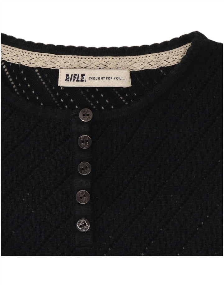 RIFLE Womens 3/4 Sleeve Button Neck Jumper Sweater UK 12 Medium Navy Blue