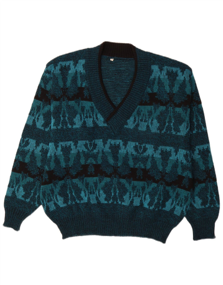Vintage ανδρικό πουλόβερ με λαιμόκοψη IT 50 Medium Blue Fair Isle
