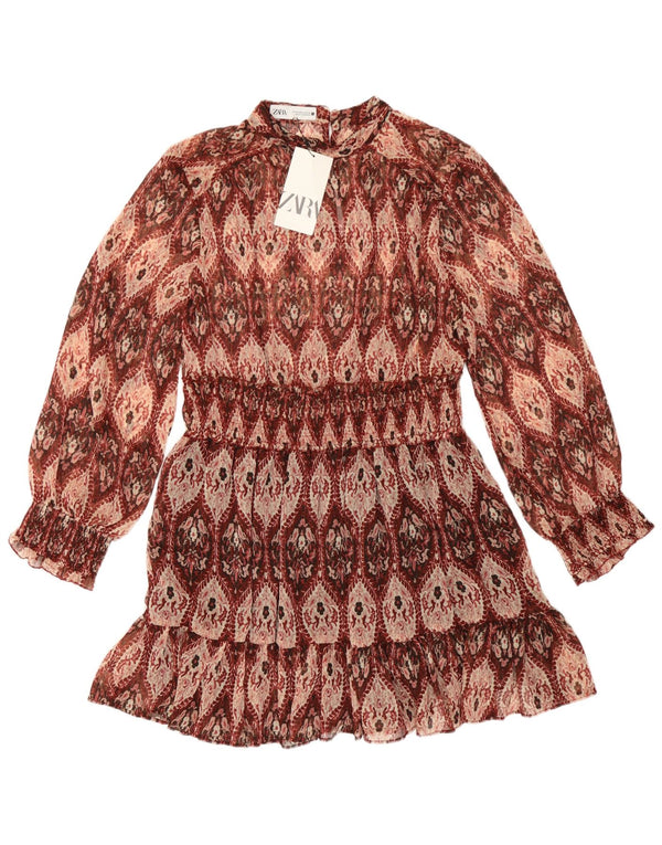 Zara γυναικείο μακρυμάνικο φόρεμα A-line UK 18 XL καφέ Paisley Polyester