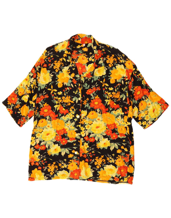 Vintage γυναικείο κοντομάνικο φαρδύ πουκάμισο UK 10 Small Black Floral Retro
