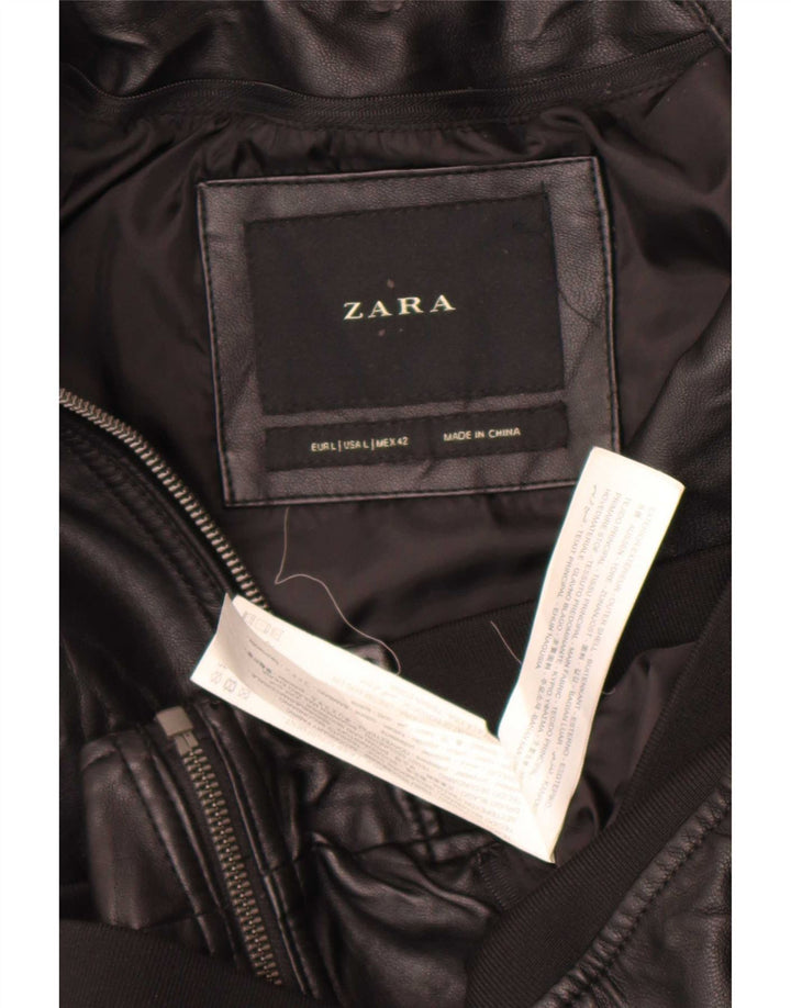 Zara Ανδρικό Faux Leather Bomber Jacket UK 40 Large Black Polyester