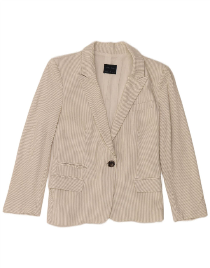 Zara Γυναικείο σακάκι 1 κουμπιού blazer UK 14 μεγάλο σε ανοιχτό λευκό βαμβακερό ρίγες