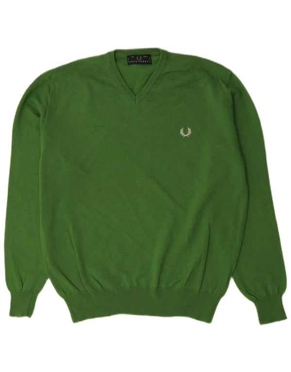 FRED PERRY Mens V-Neck Jumper Sweater Medium Green Wool