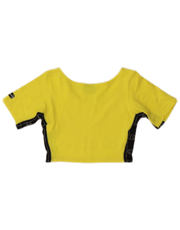 Champion Womens Graphic Crop Top UK 12 Medium Yellow Colourblock Cotton