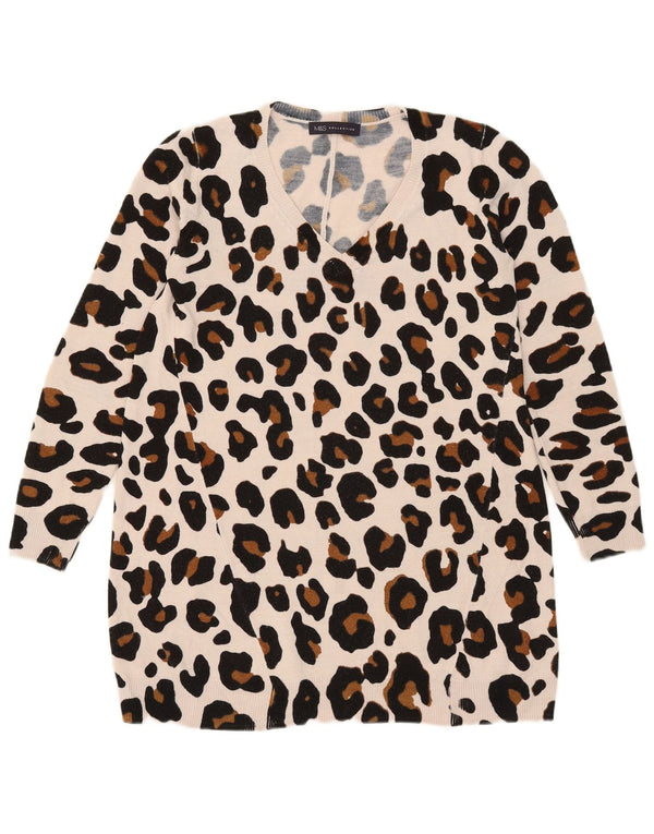 Marks & Spencer Womens V-Neck Jumper Sweater UK 6 XS Beige Animal Print