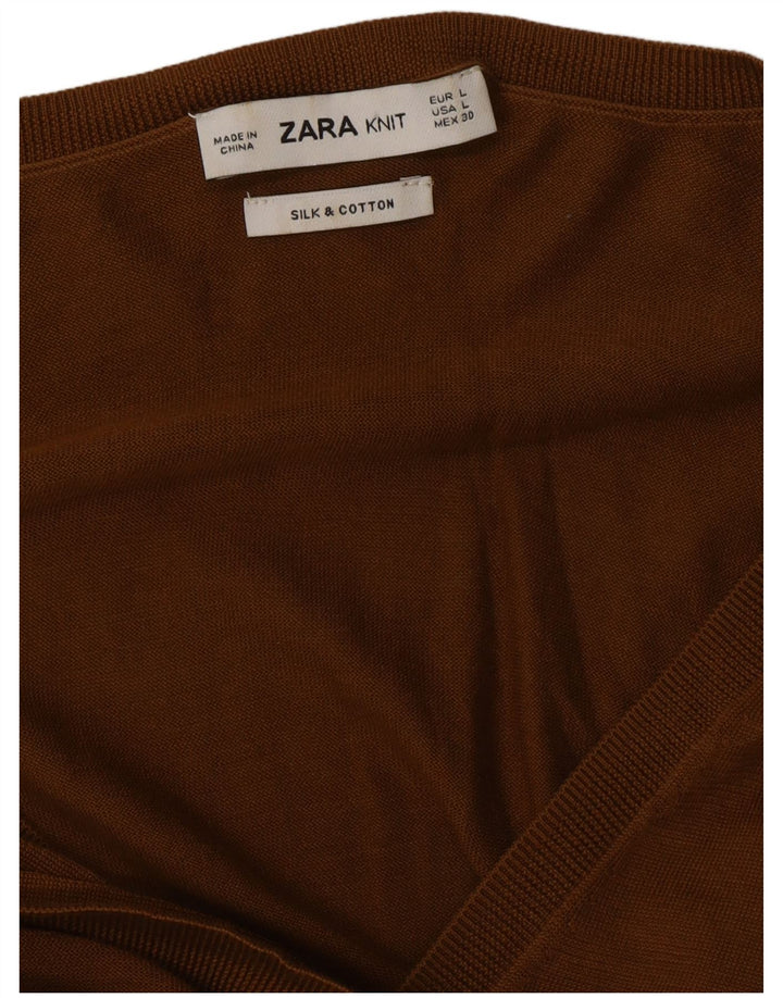ZARA γυναικείο πουλόβερ με κοντό μανίκι V λαιμόκοψη UK 14 Μεγάλο Καφέ Μεταξωτό