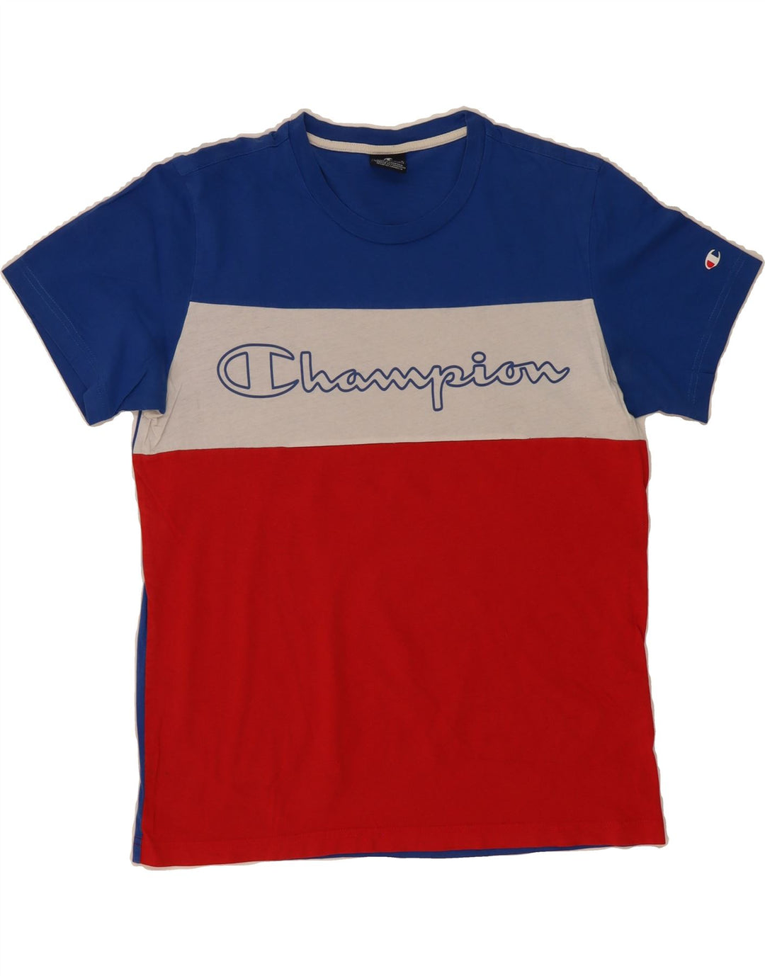 CHAMPION Mens Graphic T-Shirt Top Medium Blue Colourblock Cotton Vintage Champion and Second-Hand Champion from Messina Hembry 