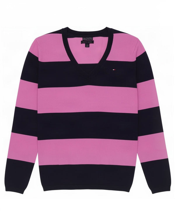 Tommy Hilfiger γυναικείο πουλόβερ με λαιμόκοψη με V λαιμόκοψη UK 10 μικρό ροζ βαμβακερό ριγέ