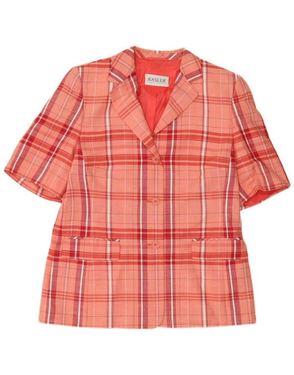 BASLER Womens 3 Button Short Sleeve Blazer Jacket UK 12 Medium Pink Check