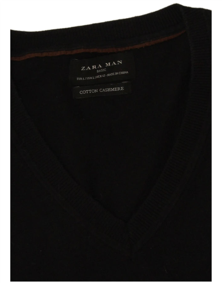 Ανδρικό πουλόβερ Zara με V λαιμόκοψη, μεγάλο μαύρο βαμβακερό