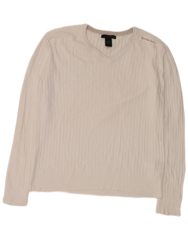 Calvin Klein Jeans Ανδρικό πουλόβερ με λαιμόκοψη με λαιμόκοψη μεγάλο λευκό βαμβακερό