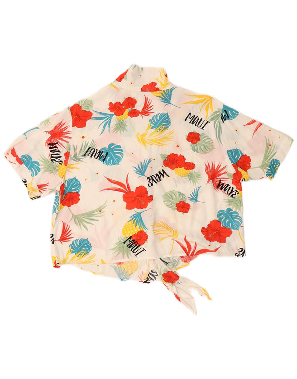 VINTAGE Γυναικεία Crop Μπροστινή Γραβάτα Μπλούζα UK 16 Large White Floral