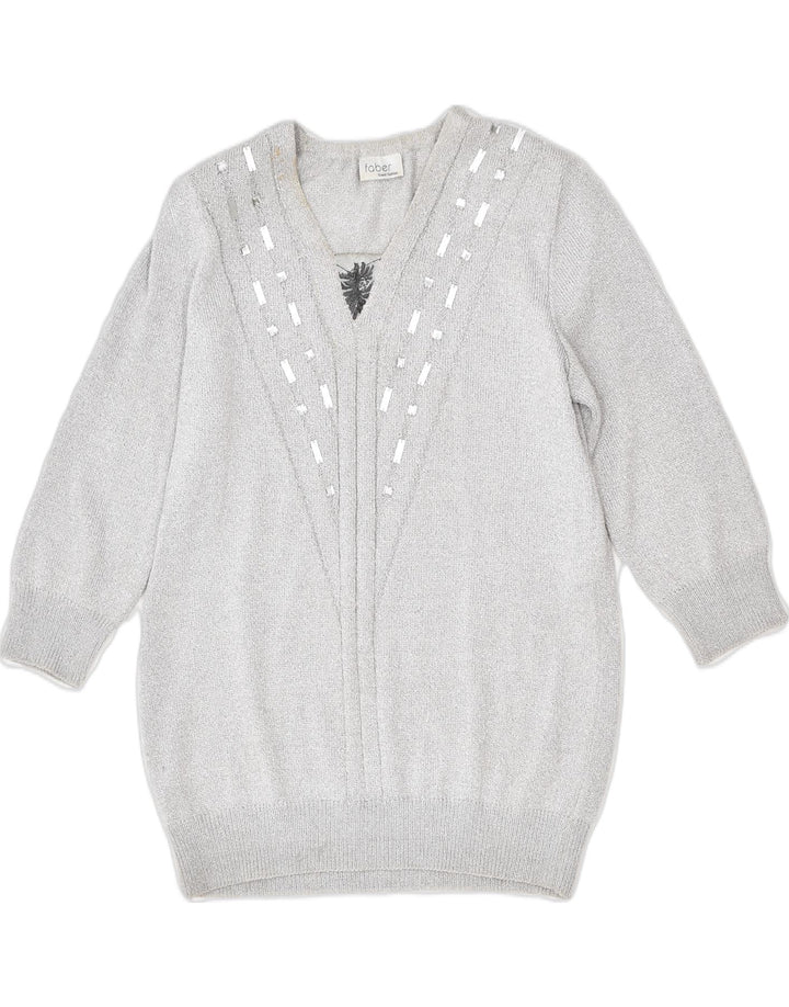 FABER Womens Loose Fit V-Neck Jumper Sweater EU 40 Medium Silver Viscose | Vintage | Thrift | Second-Hand | Used Clothing | Messina Hembry 