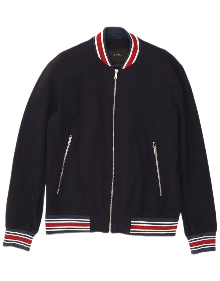 Zara Ανδρικό Bomber Jacket UK 40 Large Navy Blue ριγέ βισκόζη