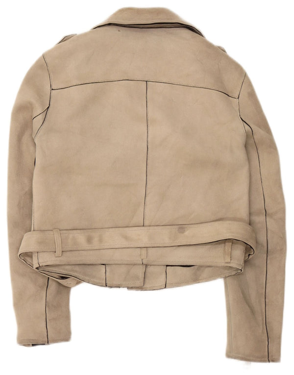Zara Womens Crop Biker Jacket UK 10 Small Beige Polyester
