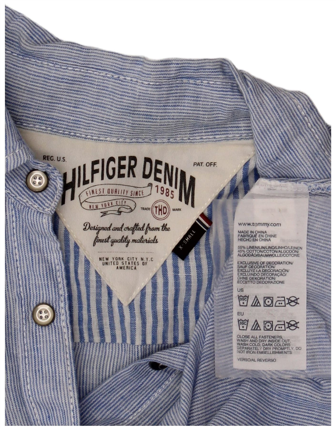 TOMMY HILFIGER Γυναικείο κοντομάνικο πουκάμισο Μπλούζα UK 6 XS Μπλε ριγέ λινό