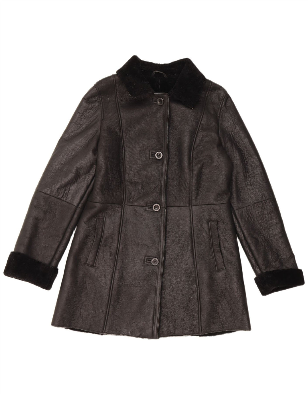 Vintage Γυναικείο Παλτό Shearling EU 40 Δερμάτινο μεσαίο μαύρο