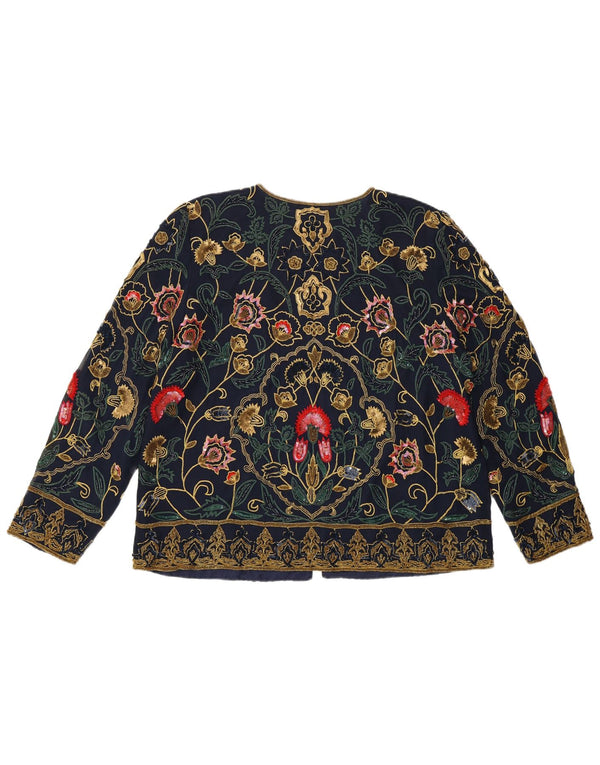 PAST TIME Womens Loose Fit Cardigan Top UK 10 Small Navy Blue Floral Silk