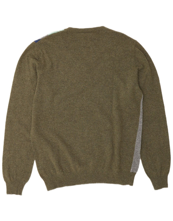 Benetton γυναικείο πουλόβερ με λαιμόκοψη UK 18 XL Khaki Argyle/Diamond Wool