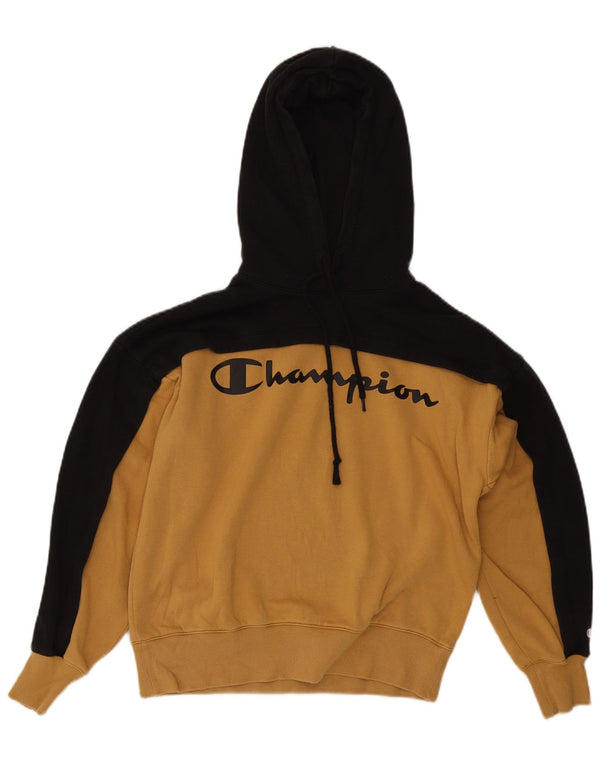Champion Womens Graphic Hoodie Jumper UK 14 Medium Yellow Colourblock