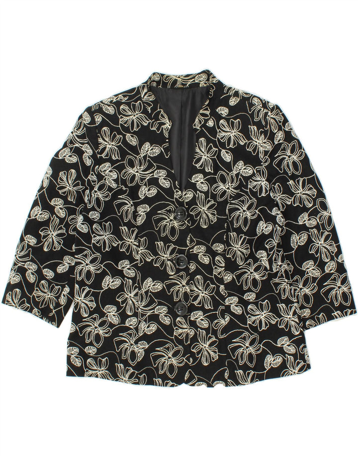 EWM Womens 3 Button 3/4 Sleeve Blazer Jacket UK 14 Medium  Black Floral Vintage EWM and Second-Hand EWM from Messina Hembry 