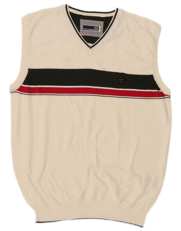 Sergio Tacchini Mens Vest Tank Top XL Off White Striped Cotton
