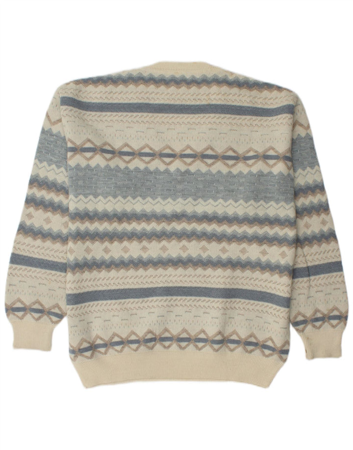 Ανδρικό πουλόβερ RODES με V λαιμόκοψη XL από λευκό γεωμετρικό παρθένο μαλλί