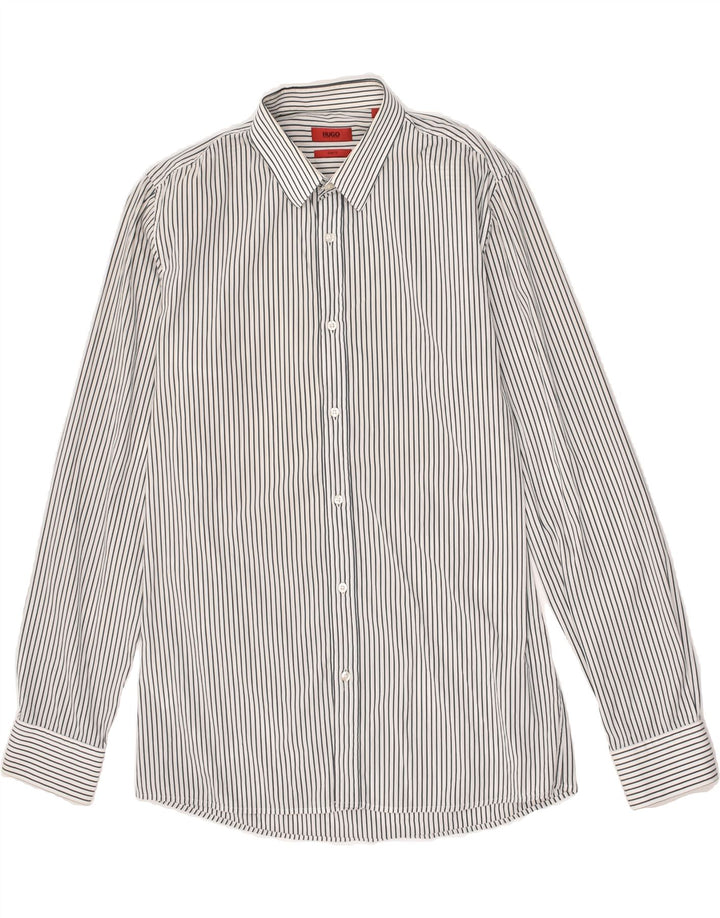 HUGO BOSS Mens Slim Fit Shirt Large Grey Striped Cotton | Vintage Hugo Boss | Thrift | Second-Hand Hugo Boss | Used Clothing | Messina Hembry 