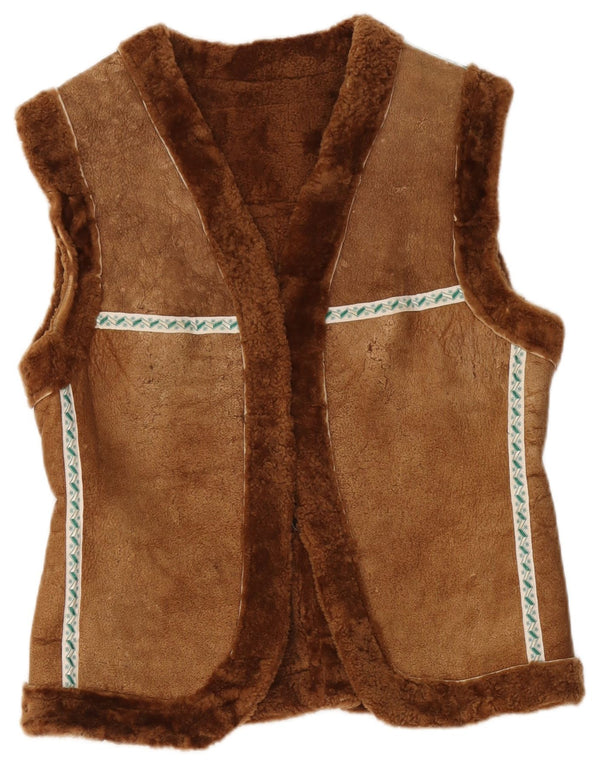 Vintage Γυναικείο Shearling Gilet UK 12 Medium Brown γεωμετρικό