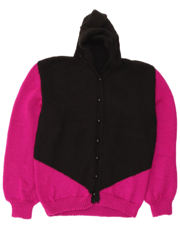 Vintage γυναικείο πουλόβερ ζακέτα με κουκούλα UK 14 Medium Black Colourblock
