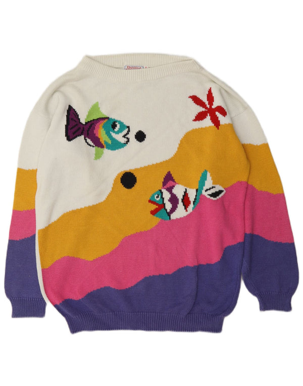Vintage γυναικείο πουλόβερ με λαιμό σκάφος EU 46/48 XL Λευκό Colourblock