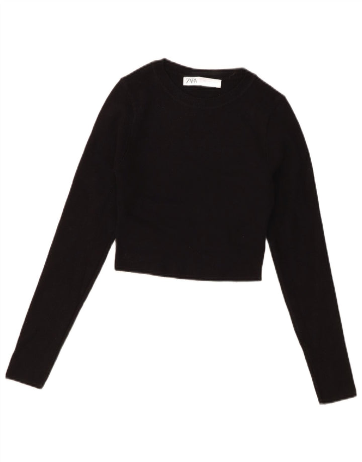 Zara Γυναικείο Crop Top μακρυμάνικο UK 8 Small Black Viscose