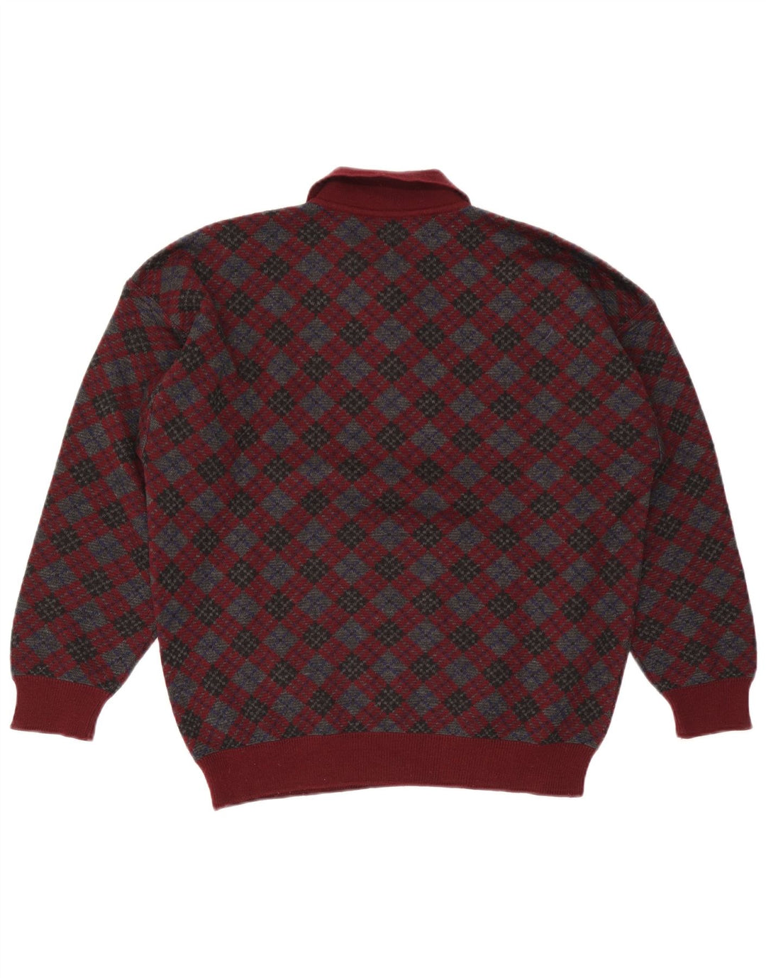 Stefanel Mens Polo Neck Jumper Sweater Medium Burgundy Argyle/Diamond Wool