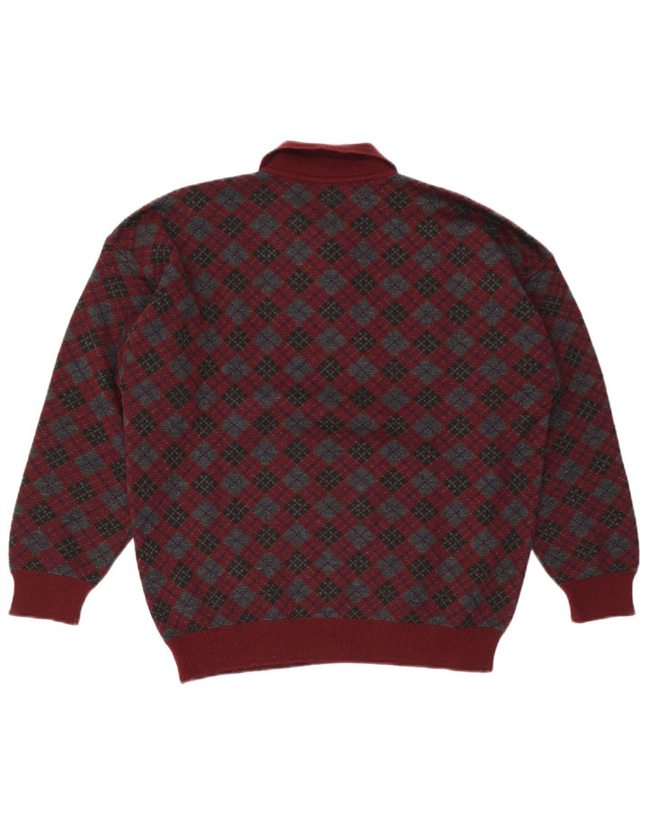 Stefanel Mens Polo Neck Jumper Sweater Medium Burgundy Argyle/Diamond Wool
