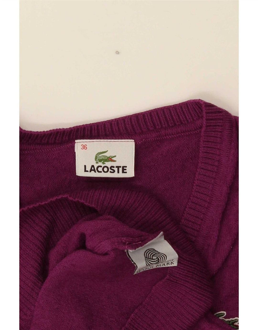 Γυναικείο πουλόβερ Lacoste με λαιμόκοψη με λαιμόκοψη, μέγεθος 36, μικρό μοβ μαλλί