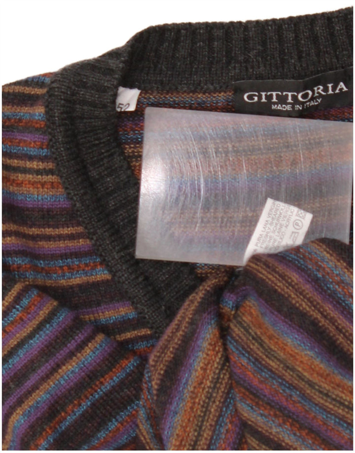 VINTAGE Ανδρικό πουλόβερ με λαιμόκοψη IT 52 Μεγάλο πολύχρωμο ριγέ μαλλί