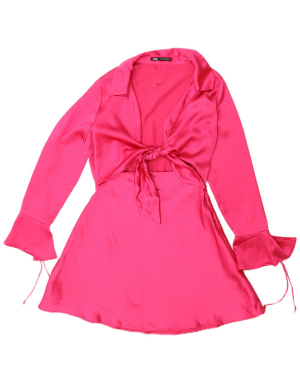 Zara Γυναικείο μακρυμάνικο φόρεμα A-Line UK 14 Medium Pink Polyester