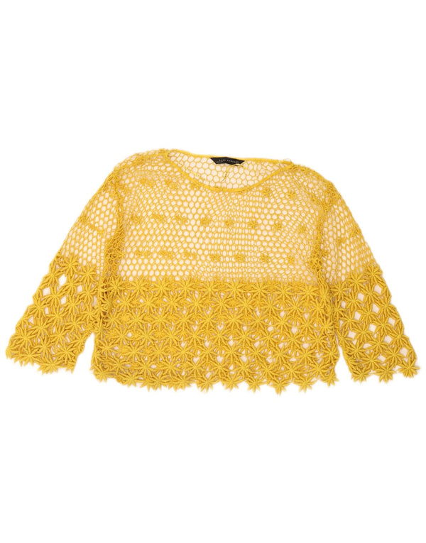 Zara Γυναικεία See Through Crochet Μανίκι 3/4 UK 14 Medium Yellow