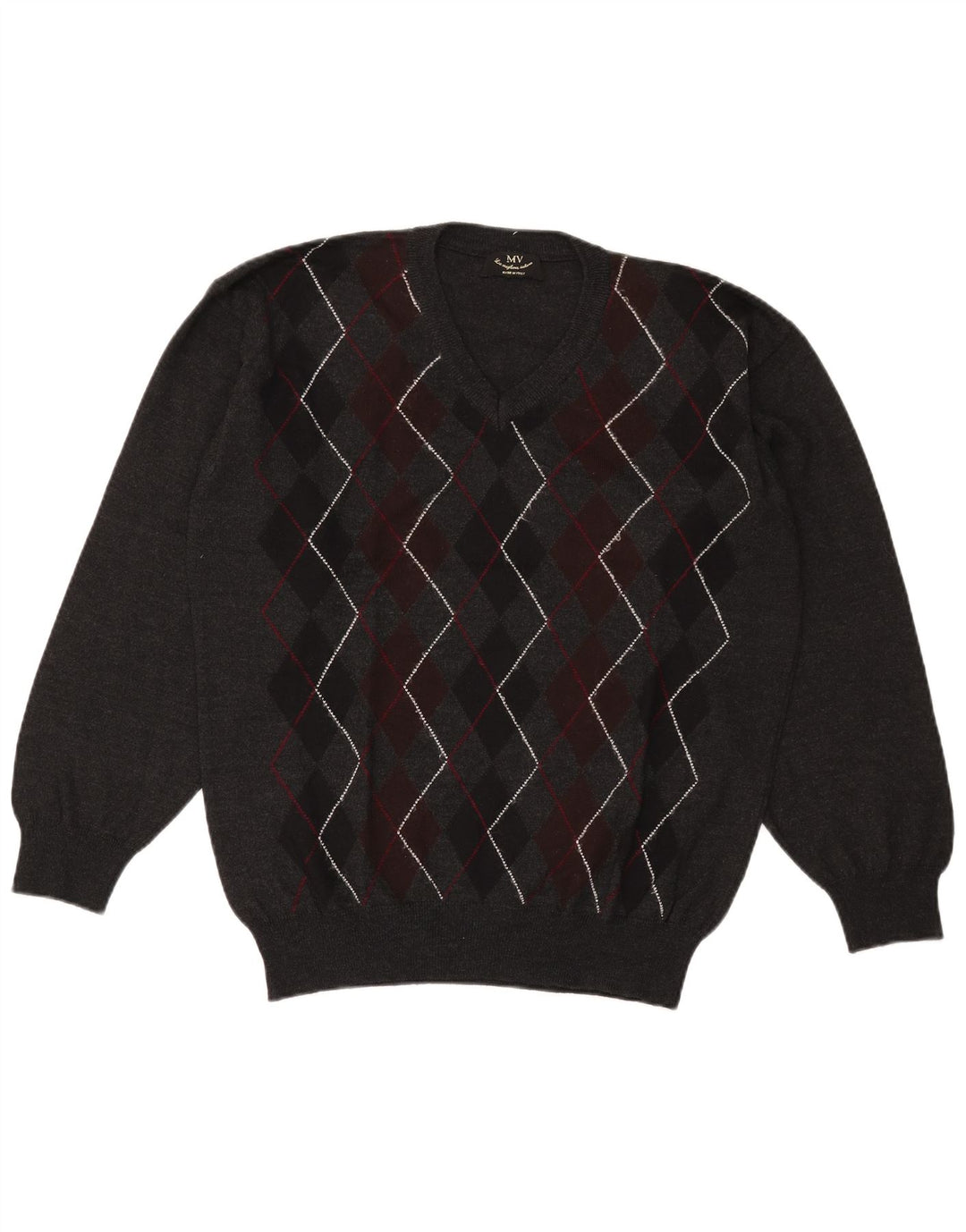 Vintage ανδρικό πουλόβερ με λαιμόκοψη XL γκρι Argyle/Διαμαντένιο μαλλί