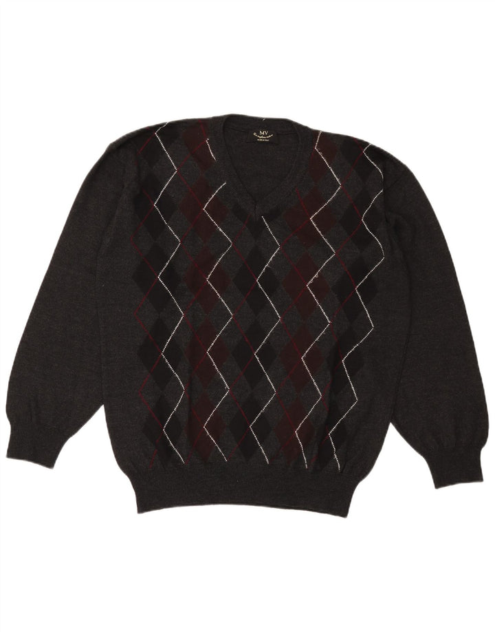 Vintage ανδρικό πουλόβερ με λαιμόκοψη XL γκρι Argyle/Διαμαντένιο μαλλί