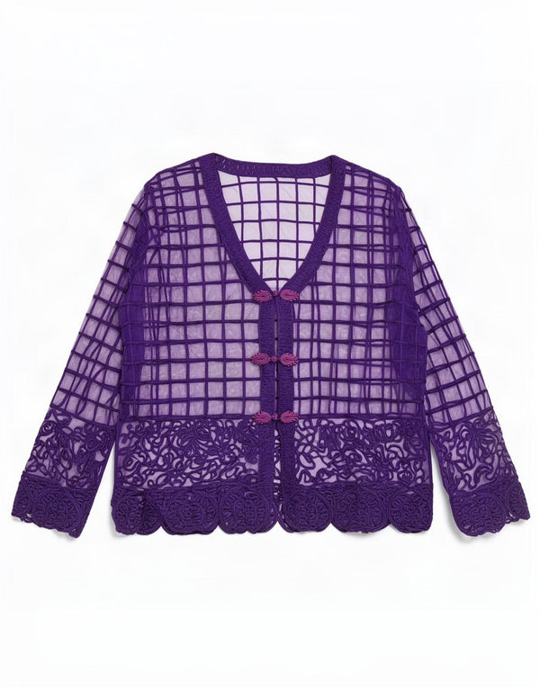 Vintage Γυναικεία See Through Μπλούζα UK 14 Medium Purple Geometric