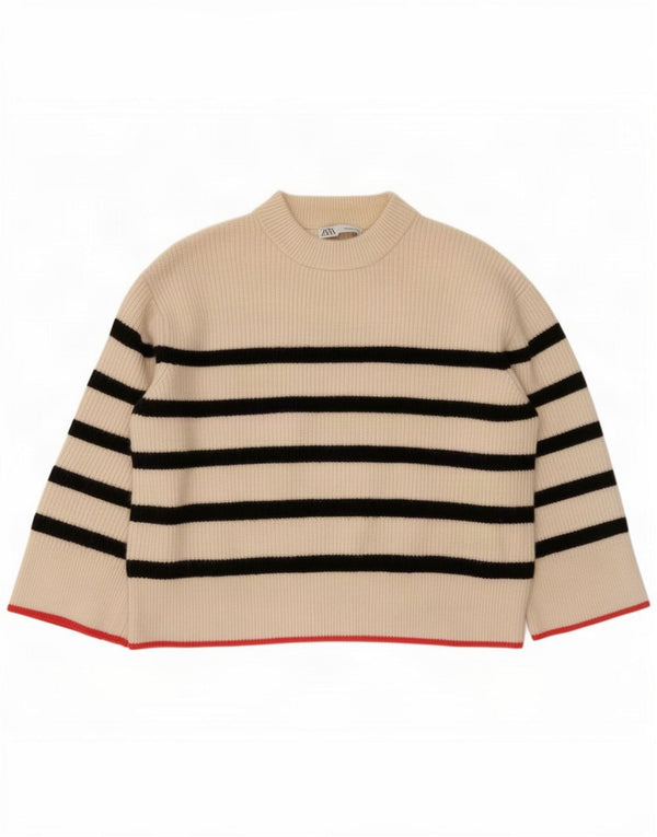 Zara γυναικείο πουλόβερ υπερμεγέθη Crew Neck Jumper UK 14 Medium Beige ριγέ